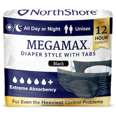Northshore MEGAMAX Tab-Style Briefs, Black, X-Large, 50"-60", 40PK 1622